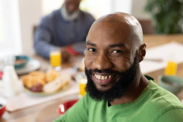 Image Happy African American Man Smiling Camera Lifestyle Baking Spending — Stock Photo, Image