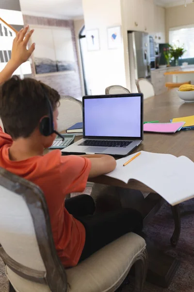 Vertical Picture Caucasian Boy Learning Using Laptop Copy Space Siting — Stock Photo, Image