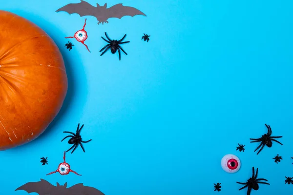 Multiple scary eyes, spider, bat toys and pumpkin with copy space on blue background. fall season and celebration concept