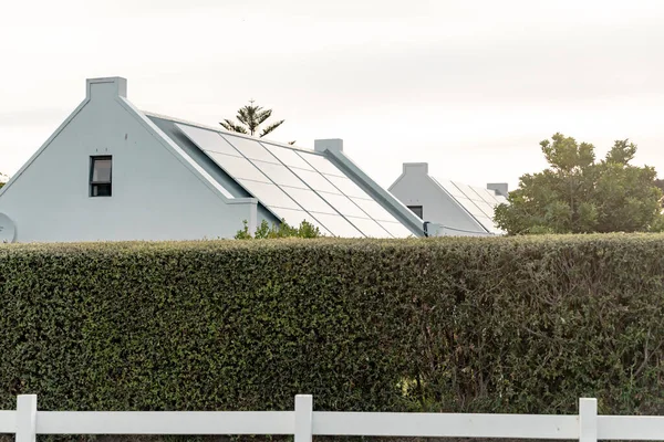 Зеленые Растения Забор Солнечными Панелями Установлен Крыше Домов Заднем Плане — стоковое фото
