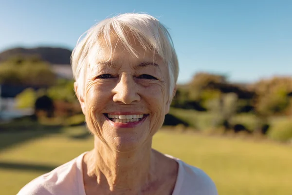 Close Portrait Cheerful Asian Senior Woman Short Hair Clear Blue — Stock Photo, Image