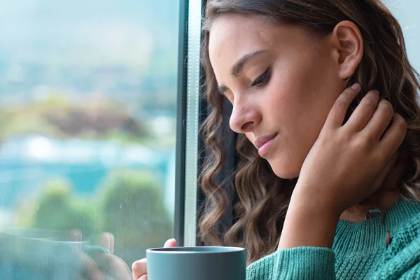 Caucasian Young Woman Holding Coffee Cup Window Home Self Care — Stock Photo, Image