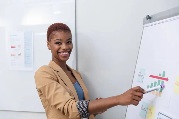 Retrato Una Joven Empresaria Afroamericana Sonriente Explicando Estrategia Rotafolio Negocio —  Fotos de Stock