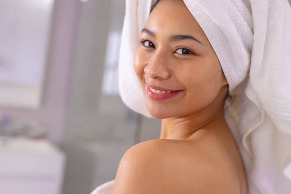 Portrait Happy Biracial Woman Wearing Towel Smiling Bathroom Copy Space — Stock Photo, Image