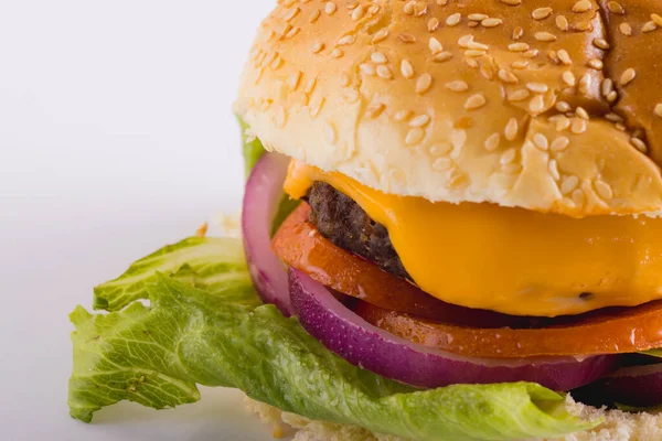 Close-up of fresh burger over white background with copy space. unaltered, food, studio shot and unhealthy food concept,