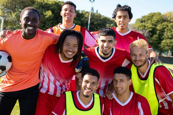 Portrait Cheerful Male Soccer Team Players Wearing Uniforms Arms Posing — Stock Photo, Image
