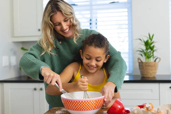 Cheerful Multiracial Mother Teaching Cute Daughter Mix Batter Wire Whisk — Stock Photo, Image