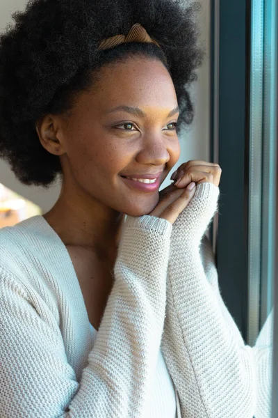 Smiling Afro African American Young Woman Looking Away Home Unaltered — Stock Photo, Image