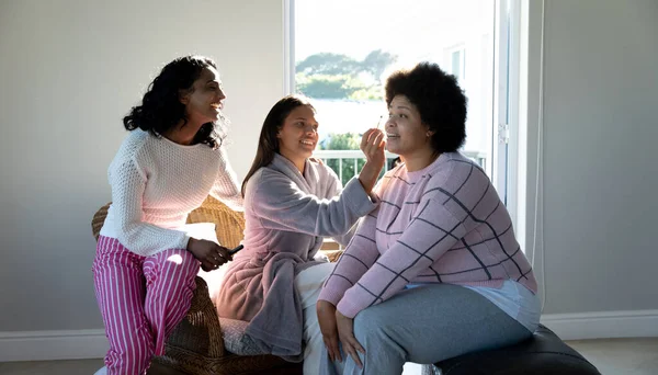 Biracial Happy Female Friends Applying Make Young Woman Face Afro — Stock Photo, Image
