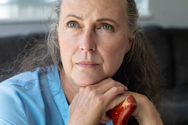 Close Thoughtful Caucasian Senior Woman Looking Away Home Copy Space — Stock Photo, Image