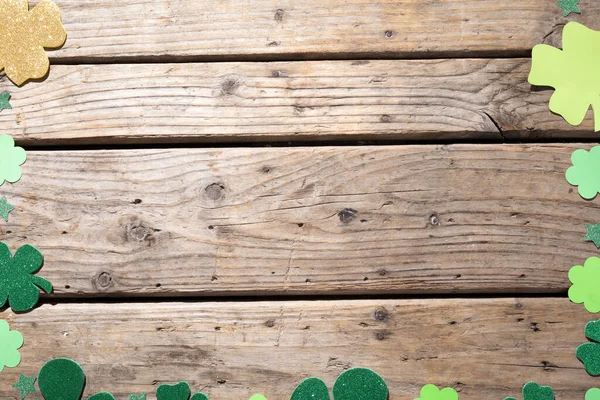 Top View Photo Shamrocks Decorations Copy Space Wooden Surface Patrick — Stock Photo, Image