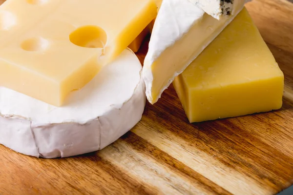 High Angle Close Various Cheese Wooden Board Copy Space Unaltered — Stock Photo, Image