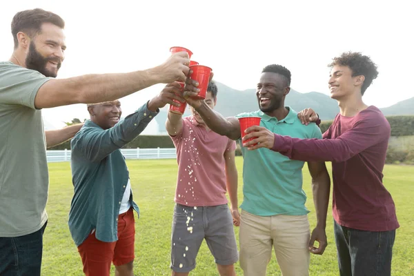 Bezstarostní Mnohonásobní Mužští Přátelé Připíjejí Pivo Sklenice Zatímco Stojí Travnaté — Stock fotografie