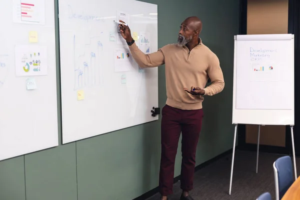 Stock image African american mature businessman explaining business strategy over data. Unaltered, creative business, planning, meeting, presentation, strategy.