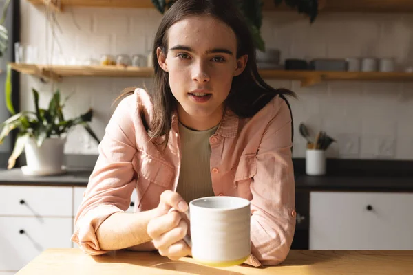 Portrait Non Binary Trans Woman Holding Coffee Cup Kitchen Home — Stock Photo, Image