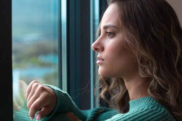 Close Caucasian Young Woman Looking Out Window Home Self Care — Stock Photo, Image