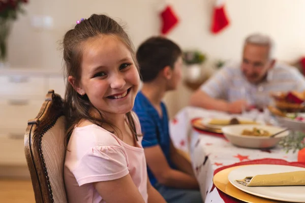 Portrait Caucasian Girl Sitting Table Dinner Looking Camera Smiling Her — Stock Photo, Image