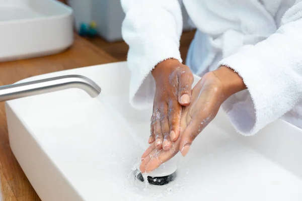 Mid Section African American Woman Washing Her Hands Sink Home — Stock Photo, Image