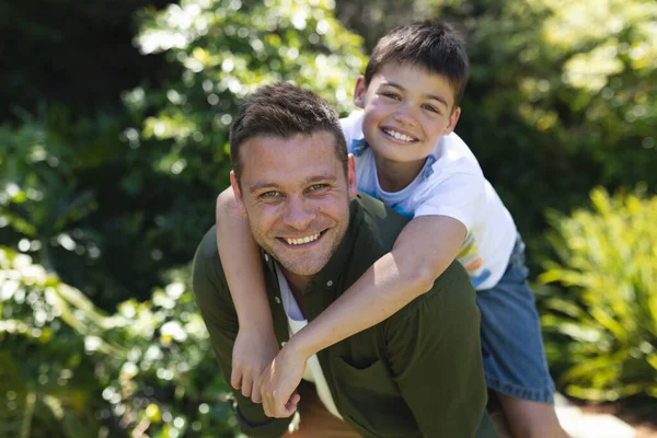 Portrait Caucasian Man His Son Spending Time Garden Together Looking — Stock Photo, Image