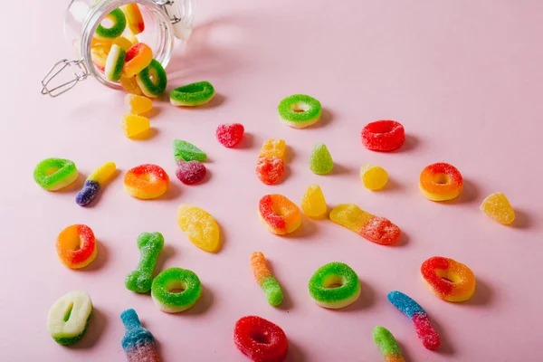 High Angle View Scattered Fallen Colorful Sugar Candies Open Jar — Stock Photo, Image