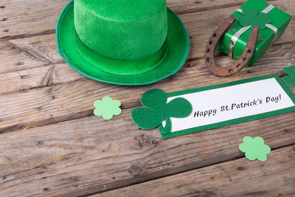 Top View Patrick Day Decorations Happy Patrick Day Text Banner — Stock Photo, Image