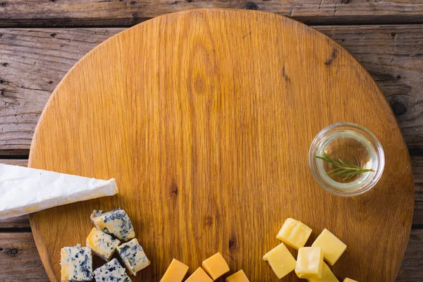 Overhead View Various Cheese Rosemary Wooden Board Copy Space Unaltered — Stock Photo, Image