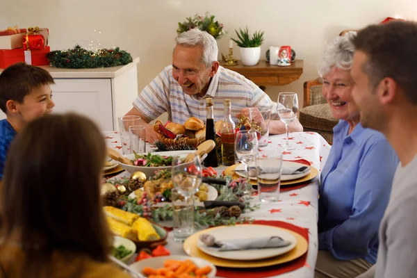 Multi Generation Caucasian Family Sitting Table Smiling Talking Quality Lifestyle — Stock Photo, Image