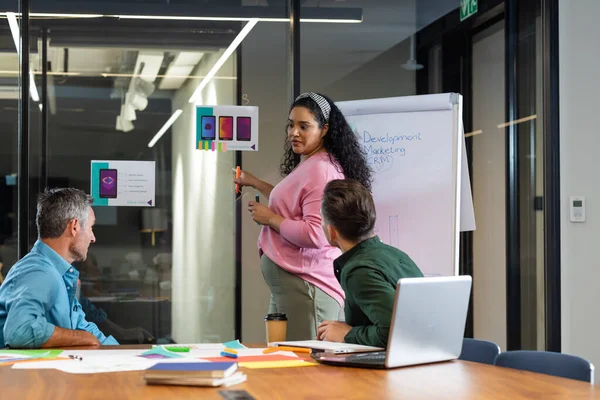 Young Biracial Businesswoman Explaining Strategy Colleagues Flipchart Meeting Office Unaltered — Stock Photo, Image
