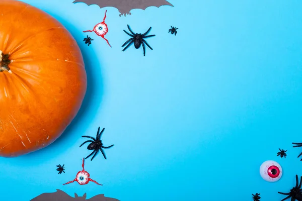 Multiple scary eyes, spider, bat toys and pumpkin with copy space on blue background. fall season and celebration concept