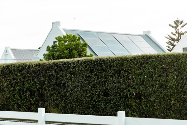 Zelené Rostliny Plot Solárními Panely Střeše Domů Pozadí Proti Jasné — Stock fotografie
