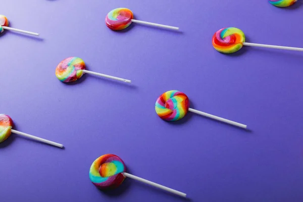 High Angle View Multi Colored Lollipop Candies Arranged Blue Background — Stock Photo, Image