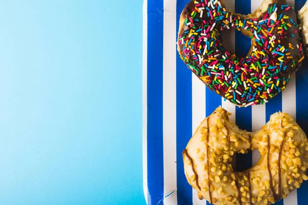Directly View Fresh Donuts Striped Plate Copy Space Blue Background — Stock Photo, Image