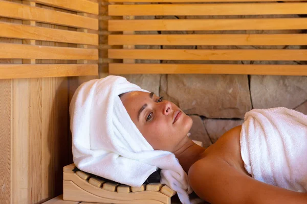 Caucasian Young Woman Bathrobe Relaxing Sauna Spa Wellness Relaxation Concept — Stock Photo, Image
