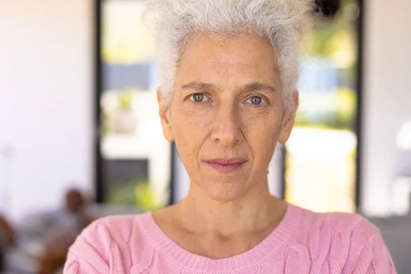 Close Portrait Confident Caucasian Senior Woman Gray Eyes Nursing Home — Stock Photo, Image