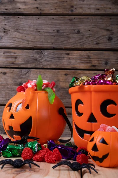 Close View Pumpkin Shaped Bucket Full Halloween Candies Toys Wooden — Stock Photo, Image