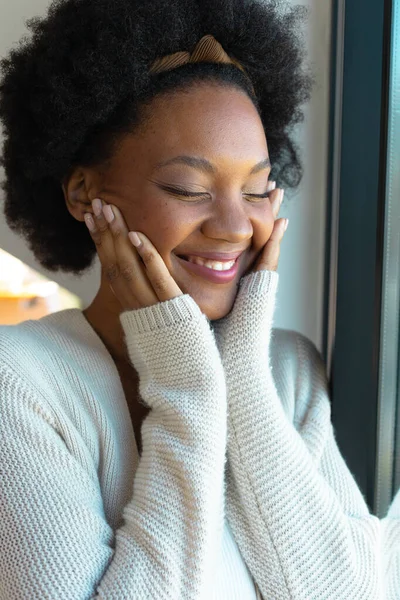 Close Smiling African American Young Afro Woman Eyes Closed Touching — Stock Photo, Image