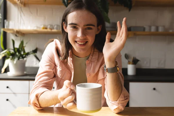 Portrait Non Binary Trans Woman Coffee Cup Smiling Kitchen Home — Stock Photo, Image