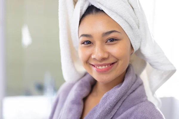 Portrait Happy Biracial Woman Wearing Bathrobe Towel Smiling Bathroom Copy — Stock Photo, Image