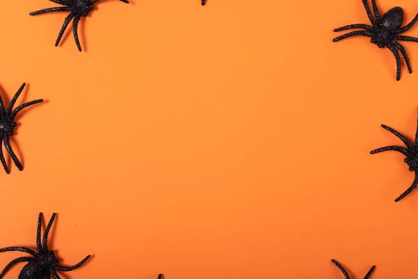 Close Multiple Spider Toys Copy Space Orange Background Fall Season — Stock Photo, Image