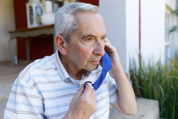 Senior Caucasian Man Spending Time Home Sitting Stairs Front His — Stock Photo, Image