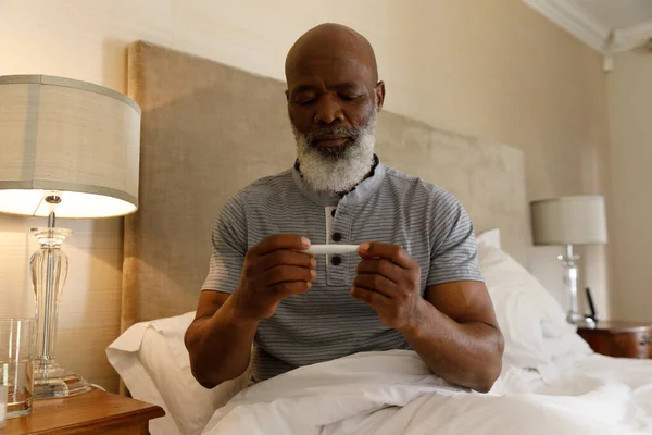 Senior African American Man Spending Time Home Sitting Bed Looking — Stock Photo, Image