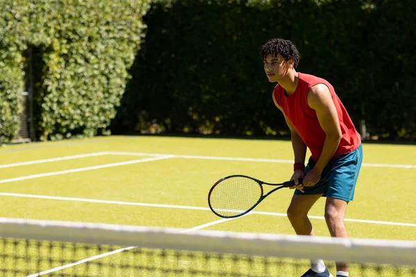 Biracial Man Racket Waiting Ball Return Sunny Outdoor Tennis Court — Stock Photo, Image
