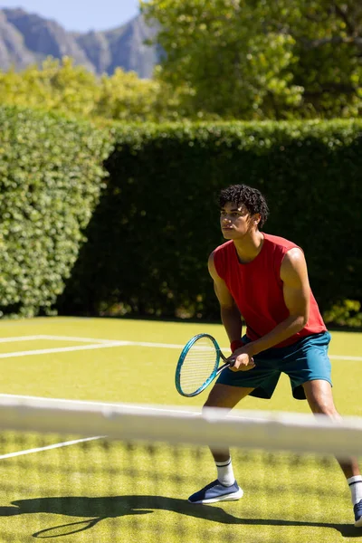 Biracial Man Racket Waiting Ball Return Sunny Outdoor Tennis Court — Stock Photo, Image