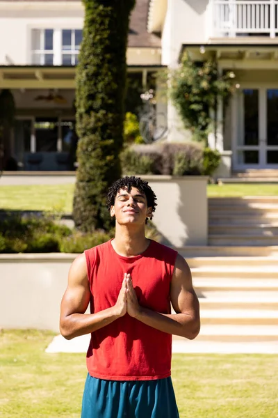 Happy Biracial Fit Man Practicing Yoga Meditation Standing Sunny Garden — Stock Photo, Image