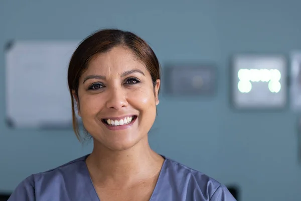 Unaltered Portrait Happy Asian Female Doctor Smiling Hospital Corridor Copy — Stock Photo, Image