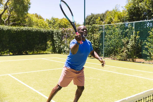 Счастливый Афроамериканец Играющий Теннис Солнечной Лужайке Пожилой Образ Жизни Выход — стоковое фото