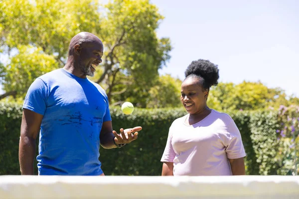 Glad Senior Afrikansk Amerikan Par Med Tennisboll Talar Soligt Gräs — Stockfoto