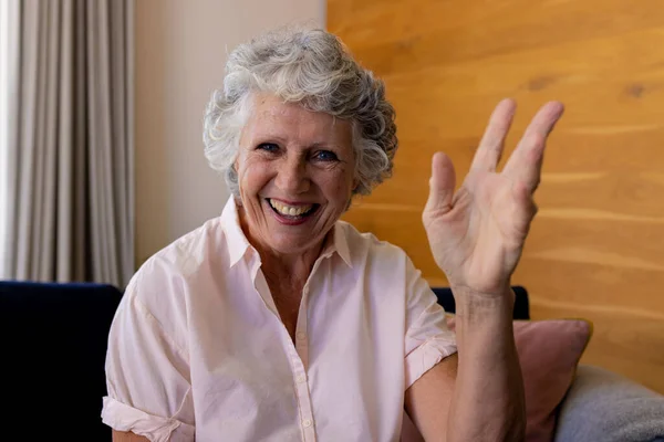 Happy Senior Caucasian Woman Making Video Call Sitting Sofa Smiling — Stock Photo, Image