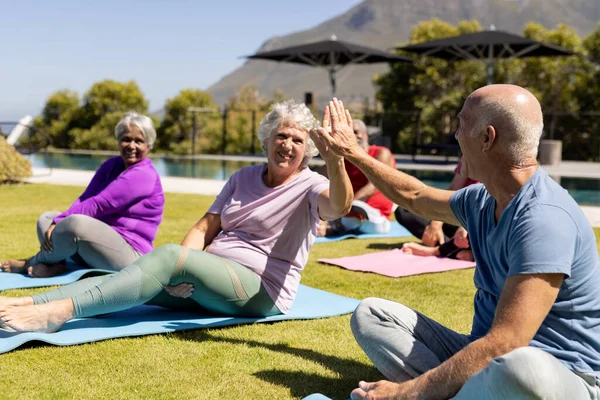 Felice Diversi Amici Anziani Che Praticano Yoga Alto Cinque Giardino — Foto Stock
