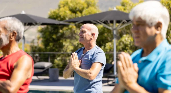 Heureux Divers Amis Aînés Masculins Pratiquant Yoga Méditant Debout Dans — Photo